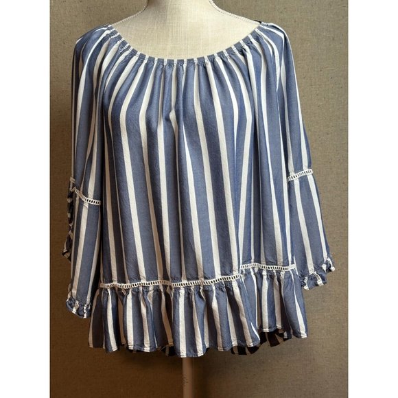 Fever Women Blue White Striped BoHo 3/4 Ruffle Sleeves Shirt Top Blouse Sz Large - Picture 2 of 15